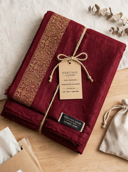 Maroon Gold Embroidered Pashmina Shawl - Luxury Wool Wrap