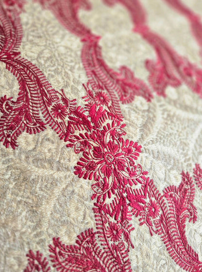 Beige Kashmiri Pashmina Shawl with Raspberry Pink Aari Embroidery