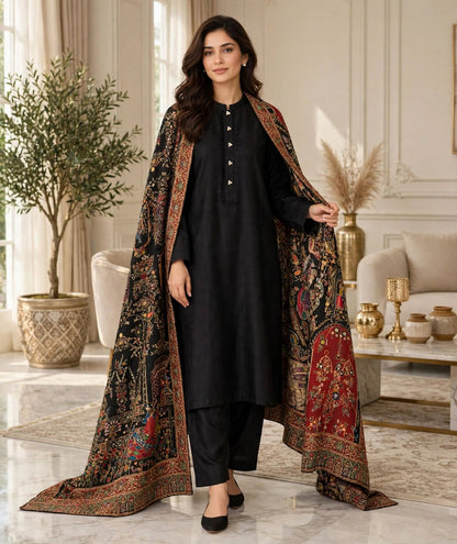 Noir Raqs - Premium Black Meenakari Shawl with Mughal Storytelling Art
