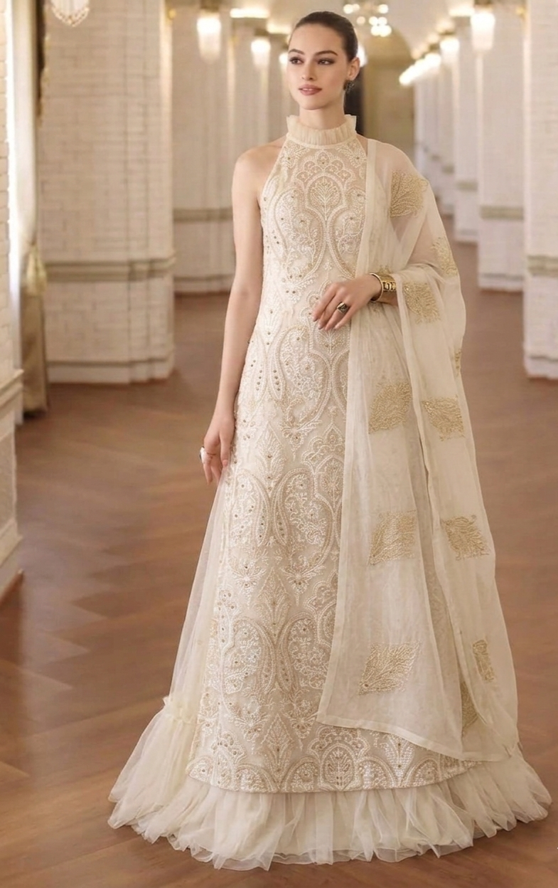 Laser Cutwork Applique Net Suit & Embroidered Chiffon Dupatta