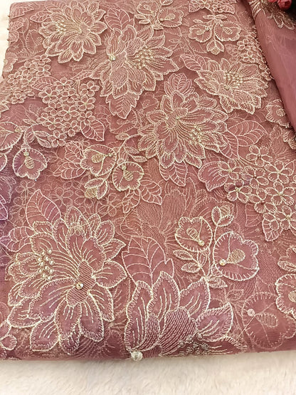 Ethereal Rose: Intricate Laser-Cut & Appliqué Embroidered Organza Ensemble