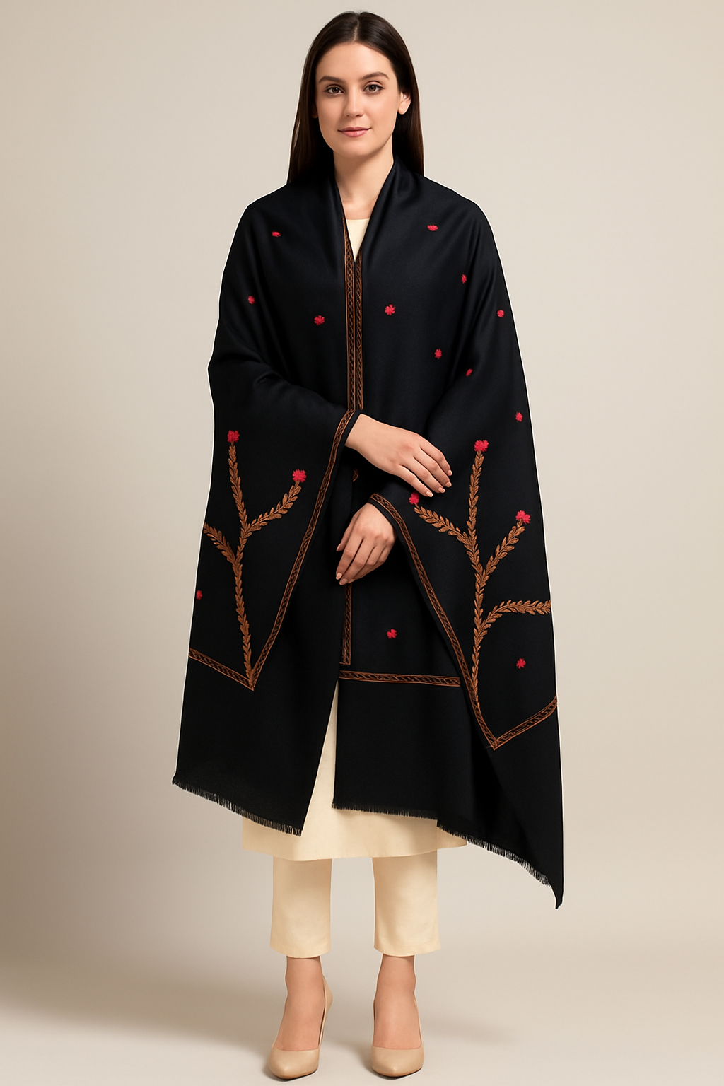 Black Needle Embroidered Pashmina Shawl Handcrafted Floral Elegance
