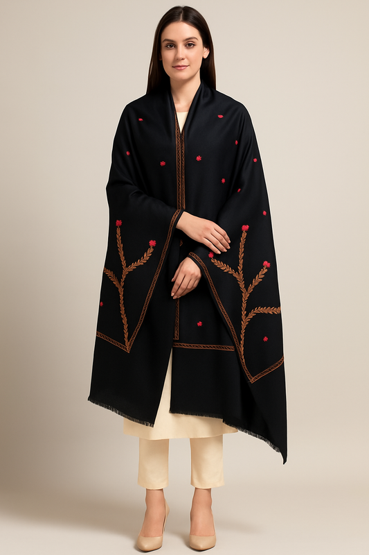 Black Needle Embroidered Pashmina Shawl Handcrafted Floral Elegance