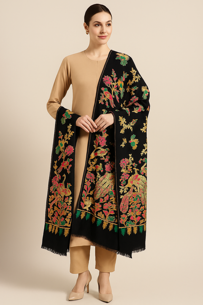 Luxury Peacock Embroidery Pashmina Shawl Midnight Black