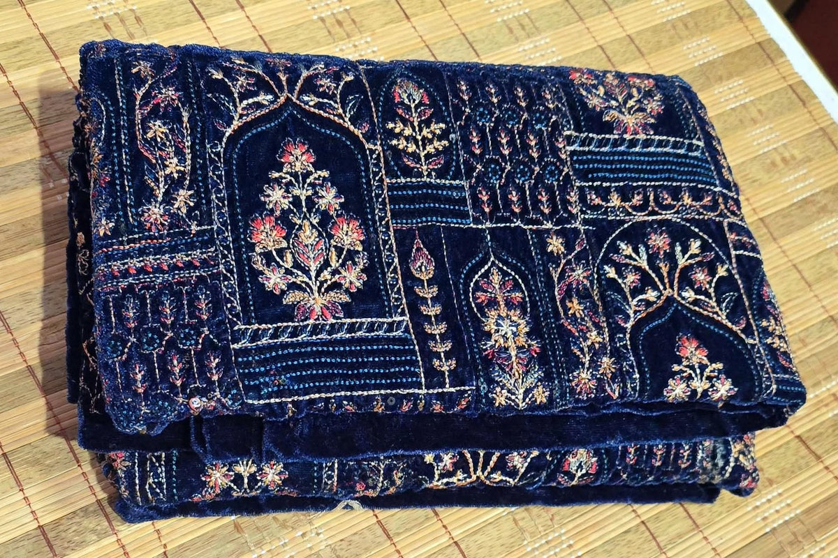 Noor-e-Jahan Teal Blue Fully Embroidered Velvet Shawl  Mughal Arch Design