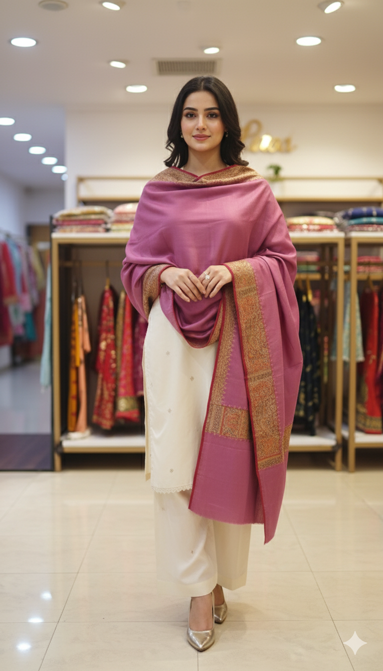 Plum Pink Pashmina Shawl with Zari Border