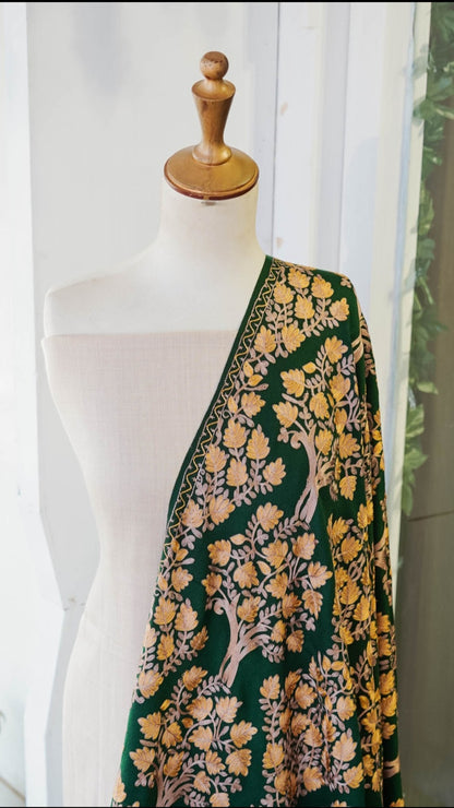 Elegant Tree Motif Embroidered Pashmina Shawl Deep Emerald Green