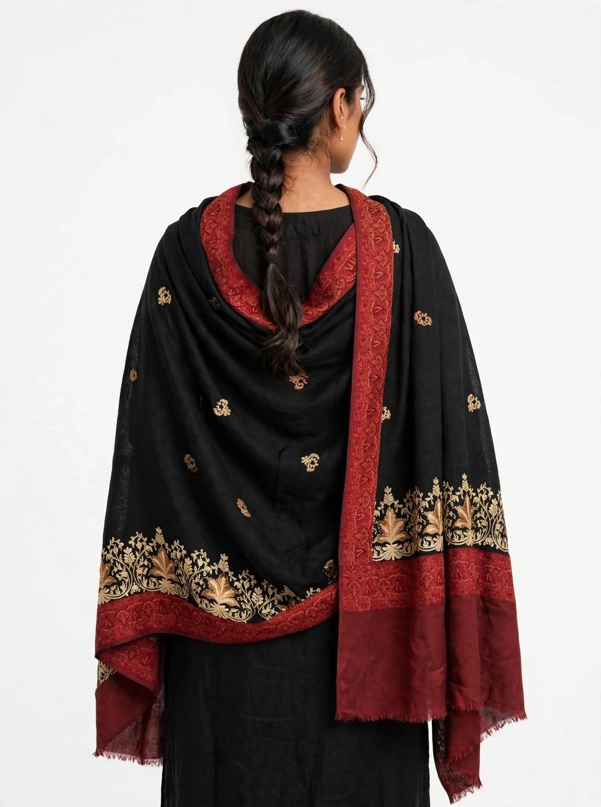 Noor-e-Chinar - Black & Maroon Gold Embroidered Pashmina Shawl Authentic Kashmiri Booti Shawl