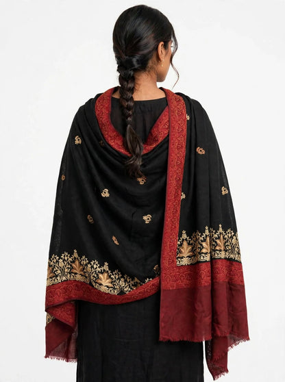 Noor-e-Chinar - Black & Maroon Gold Embroidered Pashmina Shawl Authentic Kashmiri Booti Shawl