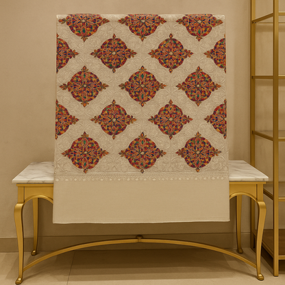 Luxury Multicolor Embroidered Shawl – White Base Elegance