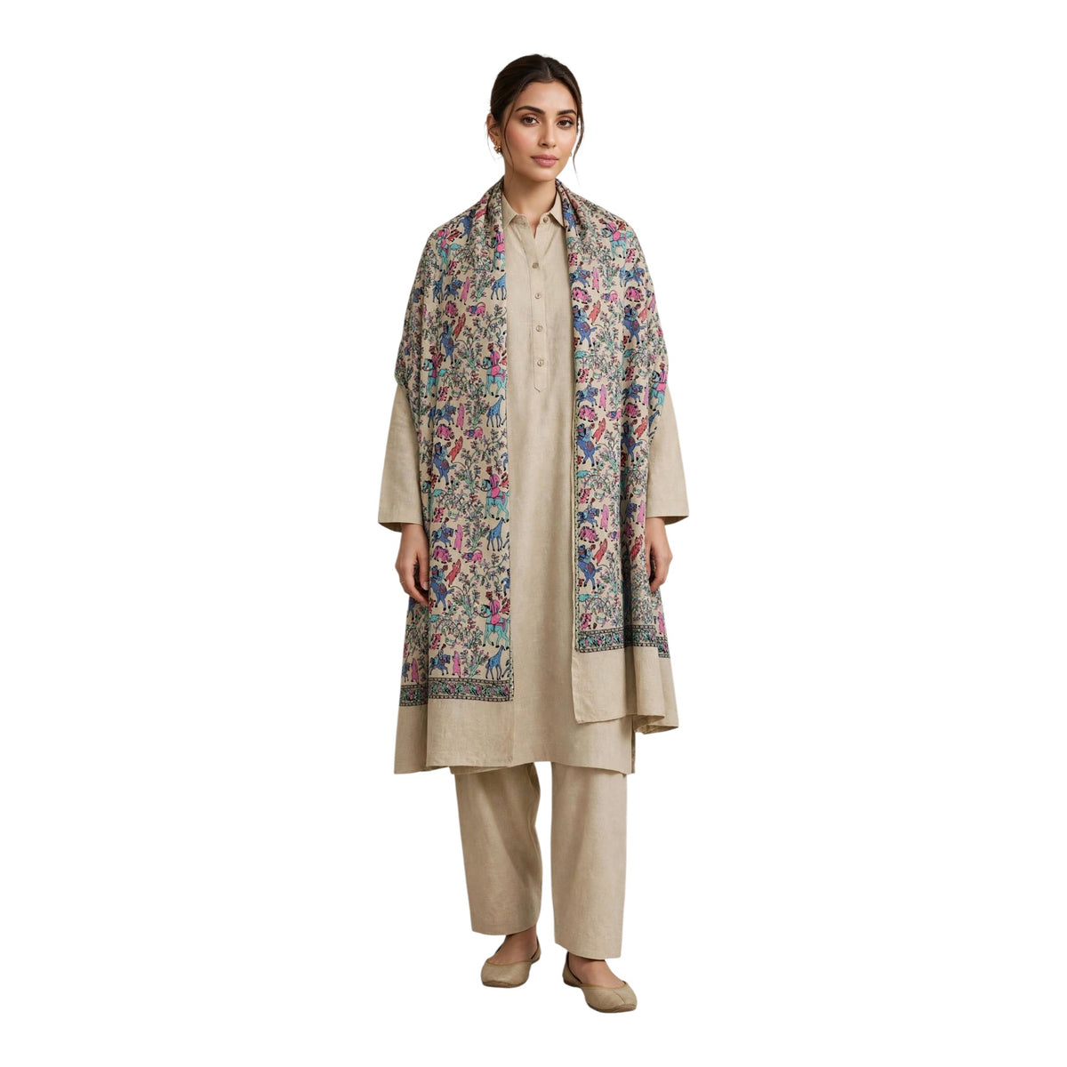 Noor - Beige Shikargah Kalamkari Pashmina Shawl