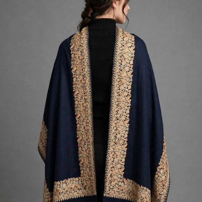 Midnight Navy Pure Pashmina Shawl with 4-Side Heavy Aari Embroidery Border - Beige Floral