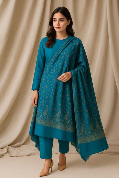 Elegant Needle Embroidery Pashmina Shawl Teal Gold Paisley