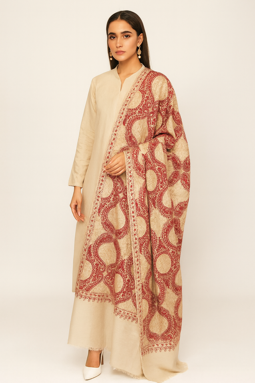 Beige Pashmina Shawl with Red Aari Embroidery