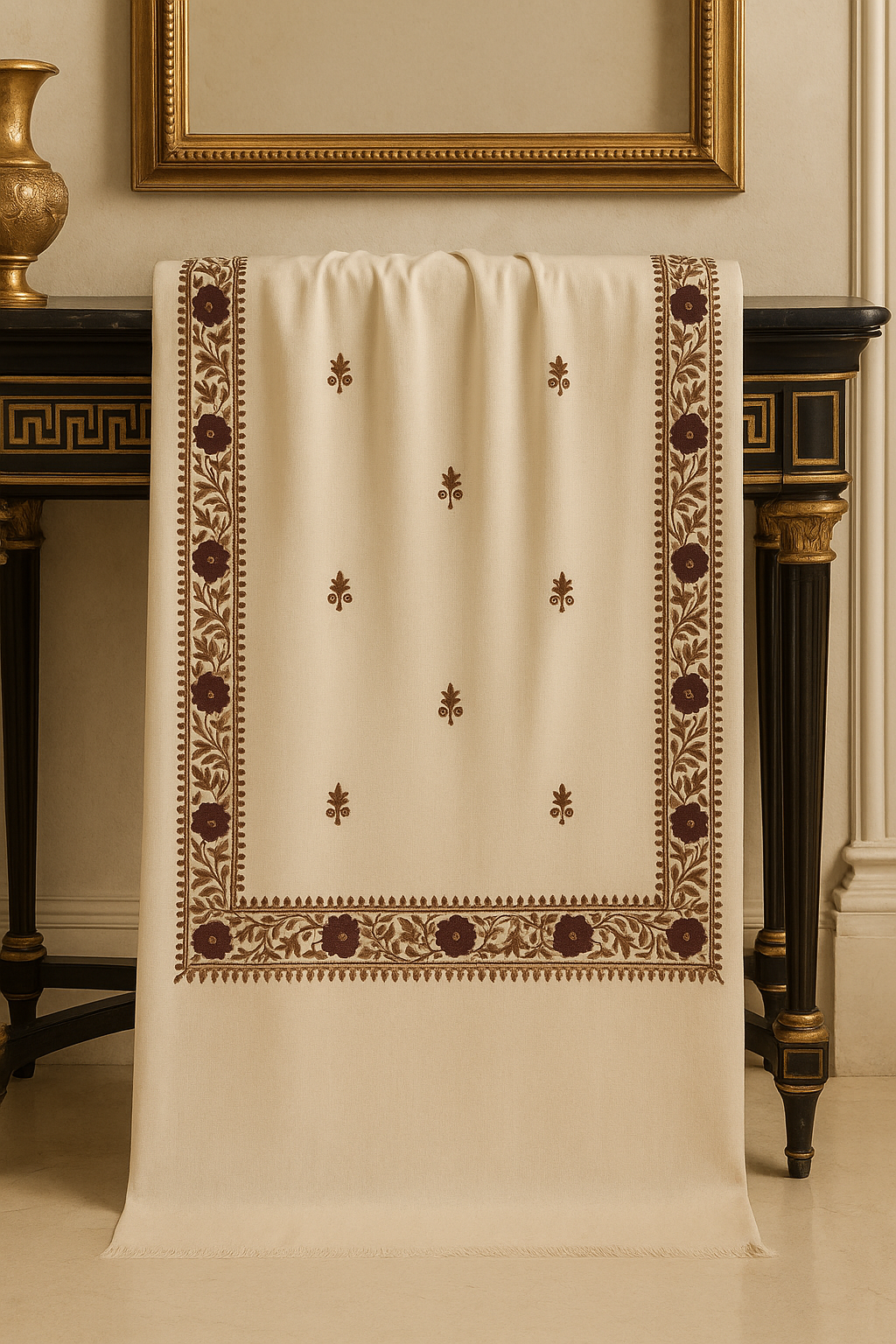 Ivory Pashmina Shawl with Maroon Floral Embroidery