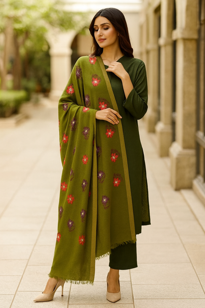 Embroidered Pashmina Shawl  Olive Green Elegance