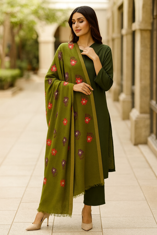 Embroidered Pashmina Shawl  Olive Green Elegance