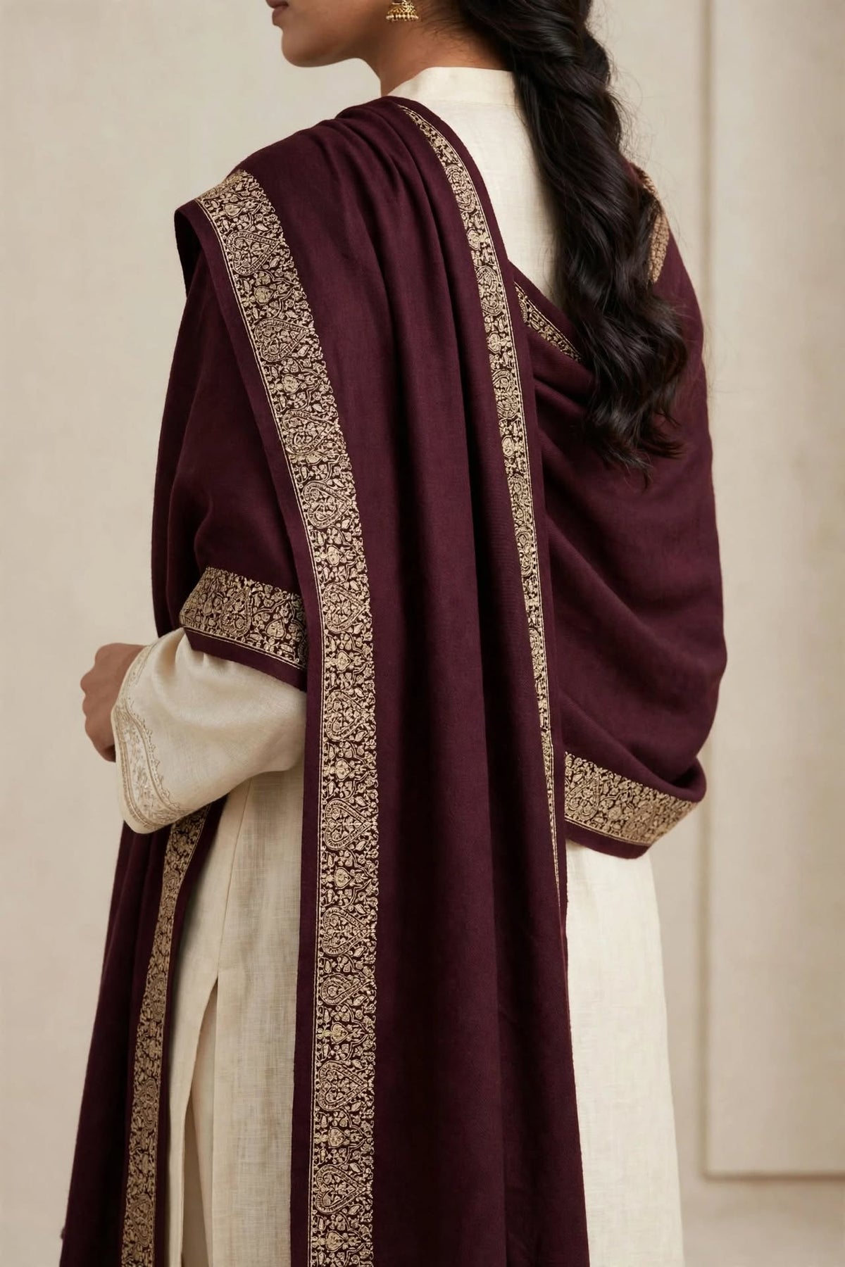 Plum Embroidered Pashmina Shawl - Gold Zari Paisley Border - Soft Wool Winter Shawl