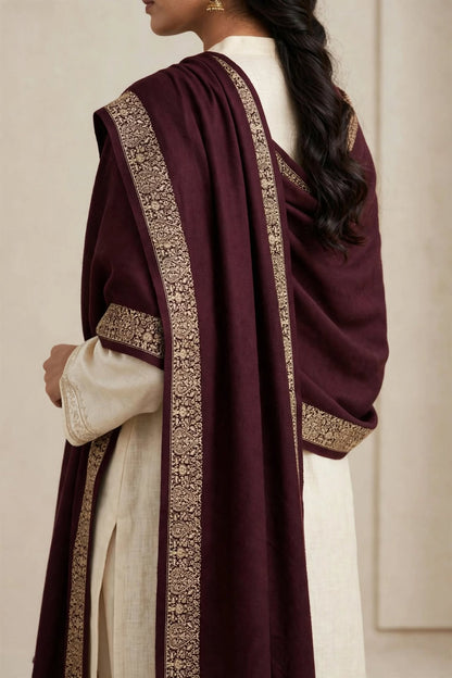 Plum Embroidered Pashmina Shawl - Gold Zari Paisley Border - Soft Wool Winter Shawl