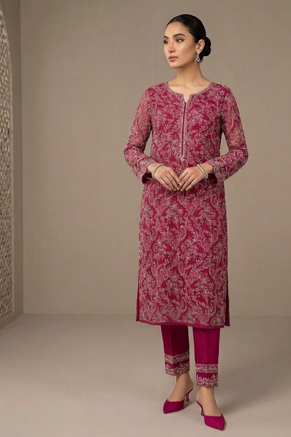 Luxury Magenta Pashmina Unstitched Suit | Laser-Cut Embroidery & Chiffon Dupatta