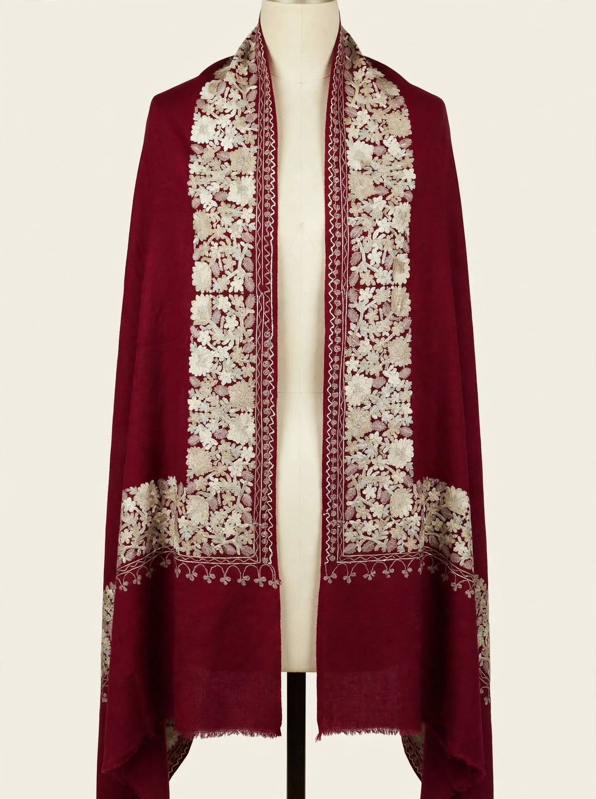 Burgundy Royal Embroidered Pure Pashmina Shawl with Ivory Floral Aari Work