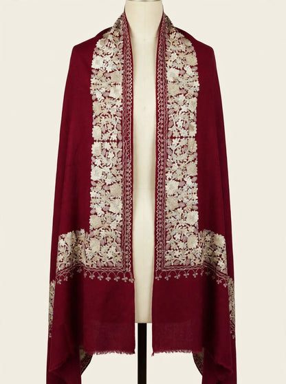 Burgundy Royal Embroidered Pure Pashmina Shawl with Ivory Floral Aari Work