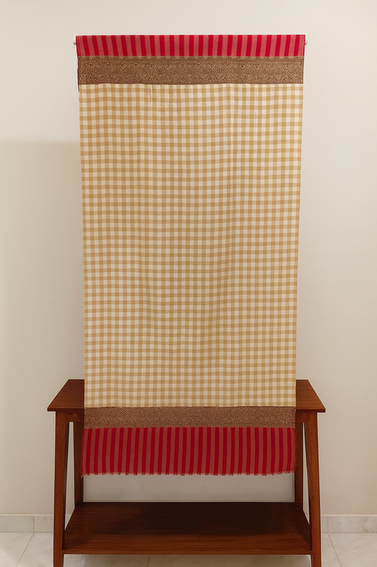 Beige Checkered Pashmina Shawl with Red Striped Borders