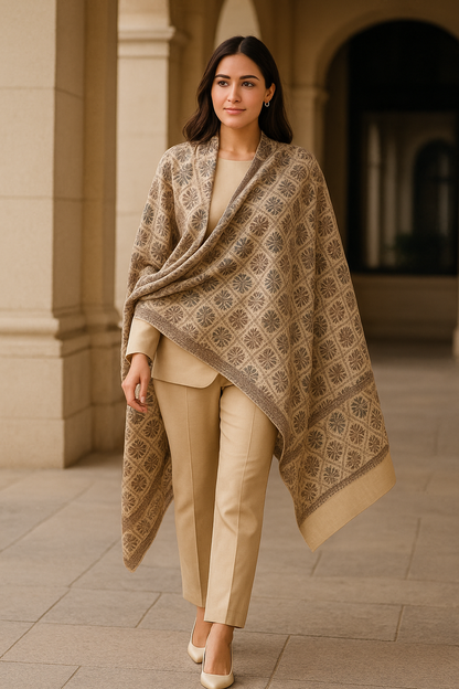 Elegant Needle Embroidery Pashmina Shawl Beige Motif