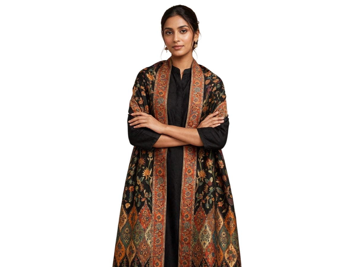 Heirloom Black Floral Kani Silk Dupatta - Pure Handwoven Kashmiri Luxury