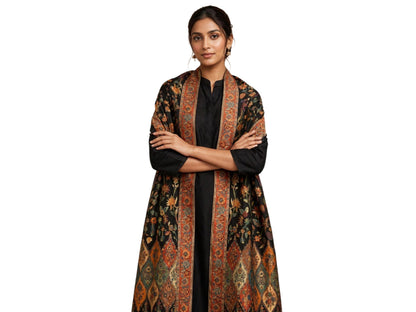 Heirloom Black Floral Kani Silk Dupatta - Pure Handwoven Kashmiri Luxury