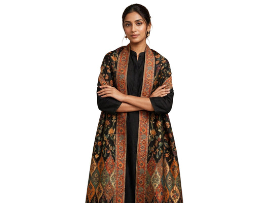 Heirloom Black Floral Kani Silk Dupatta - Pure Handwoven Kashmiri Luxury