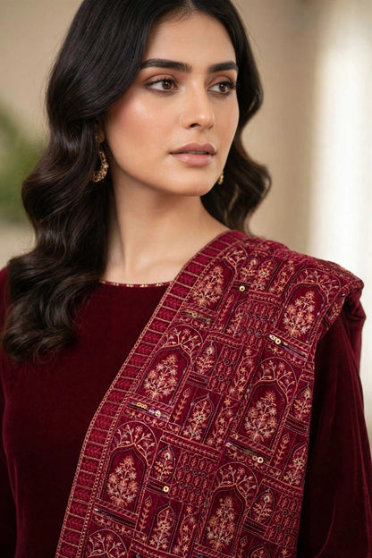 Burgundy Velvet Pakistani Dress with Heavily Embroidered Shawl
