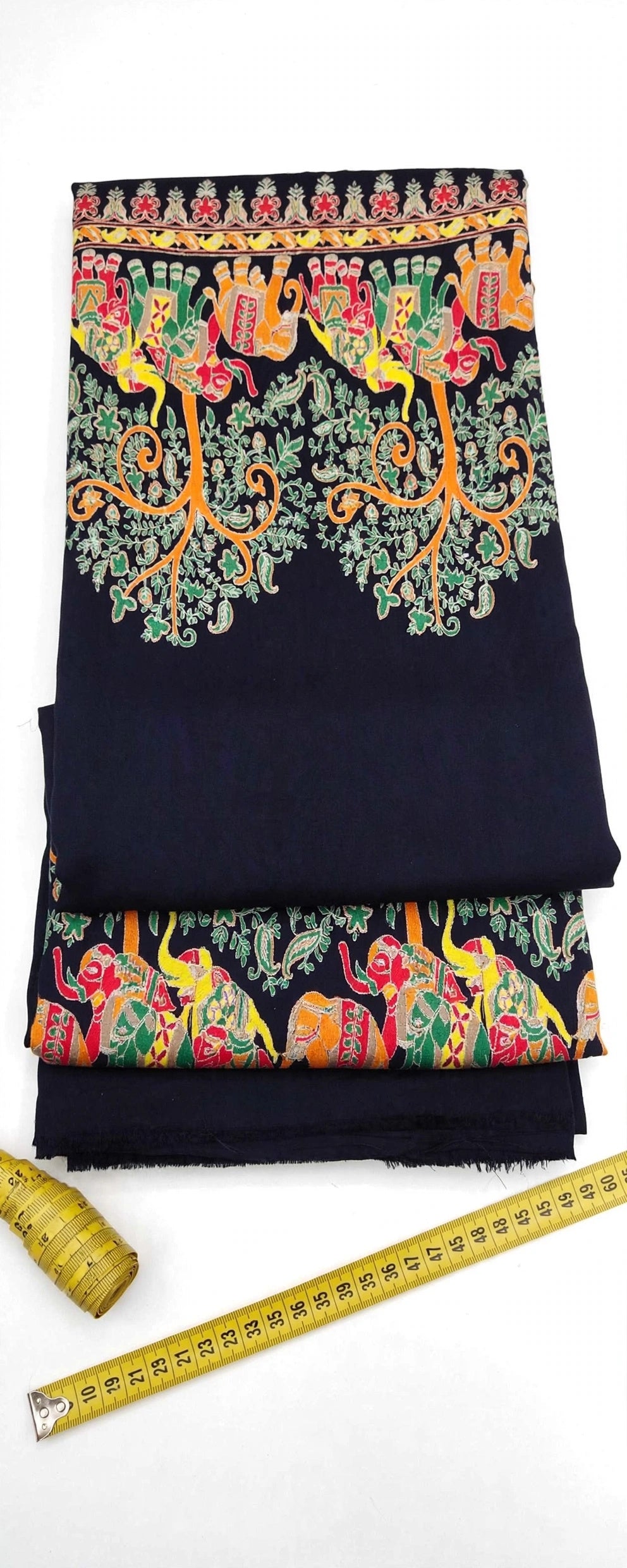 Noir Mughal Baagh Pashmina Shawl - Navy Blue Elephant Embroidered Border Shawl