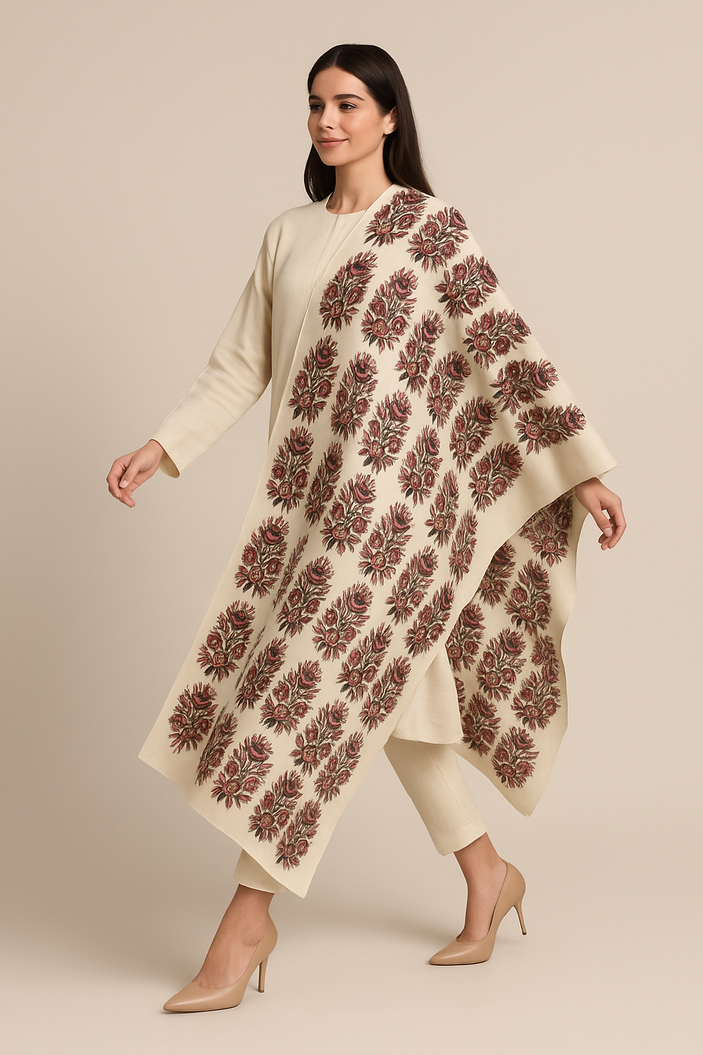 Elegant Block Print Pashmina Shawl – Cream with Maroon Floral Motif