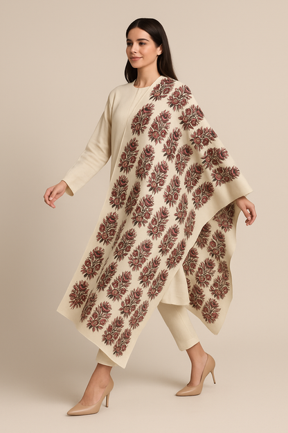 Elegant Block Print Pashmina Shawl – Cream with Maroon Floral Motif