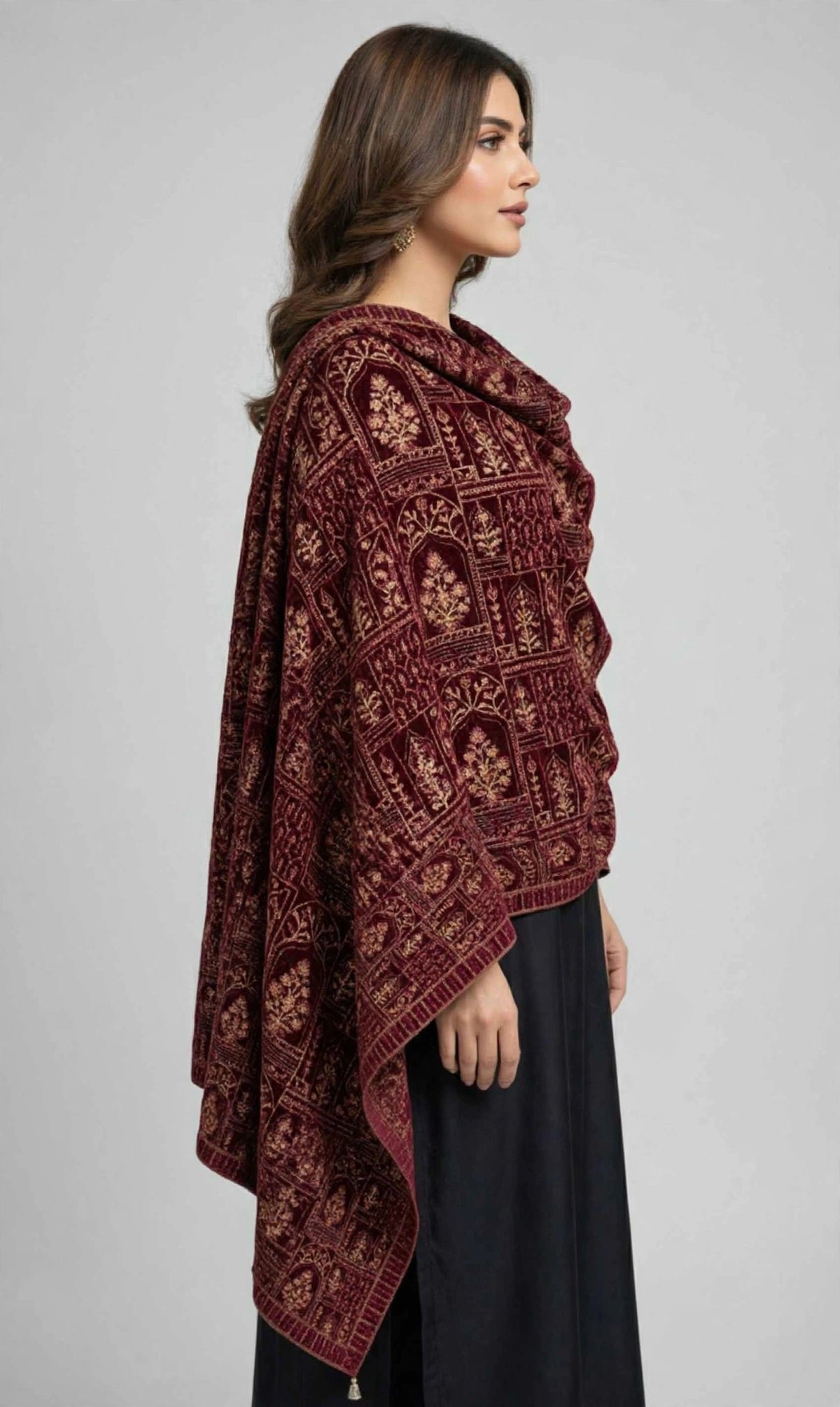 Luxurious Maroon Velvet Embroidered Shawl  Intricate Golden tilla Work Wrap