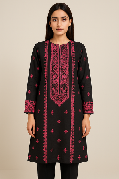 Black & Deep Pink Embroidered Lawn 2-Piece