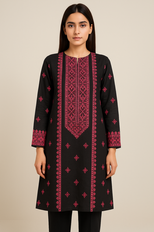Black & Deep Pink Embroidered Lawn 2-Piece