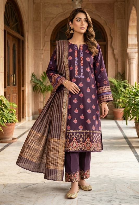 Royal Mauve Hand-Block Printed Lawn Ensemble