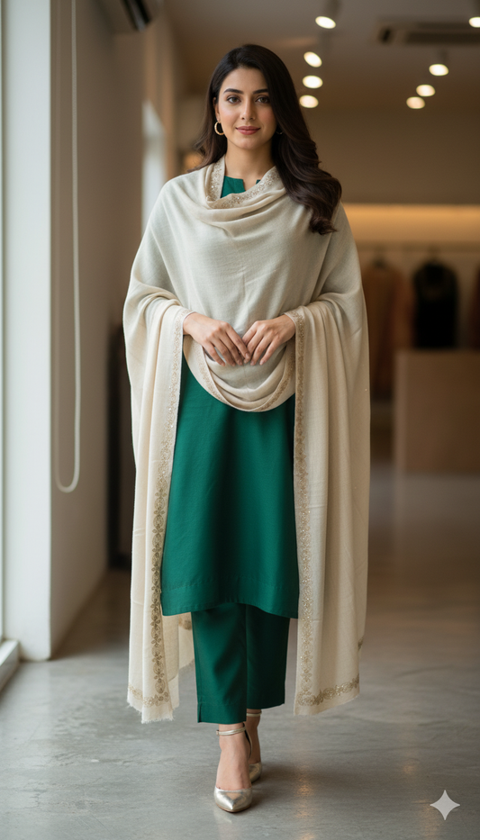 Ivory Pashmina Shawl with Delicate Embroidered Border – Luxury Handcrafted Wrap