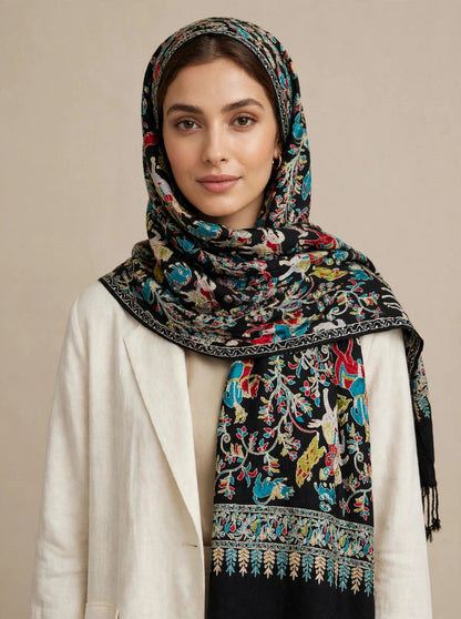 Black Shikargah Kani Pashmina Shawl  Multicolor Hunting Scene Embroidered Wool Shawl