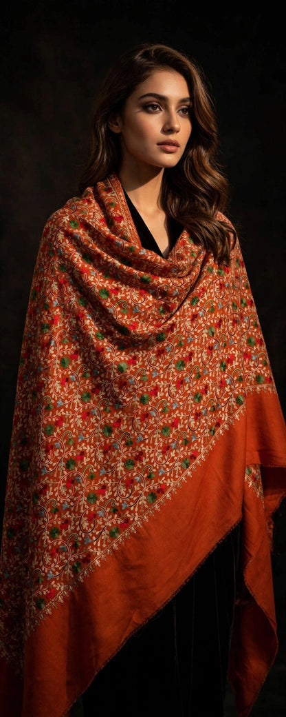 Rust Orange Pashmina Shawl with Aari Embroidery