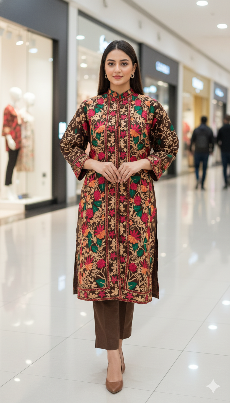 Luxury Kashmiri Embroidered Pashmina Jacket with Inner