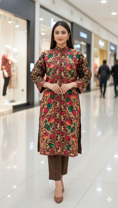 Luxury Kashmiri Embroidered Pashmina Jacket with Inner
