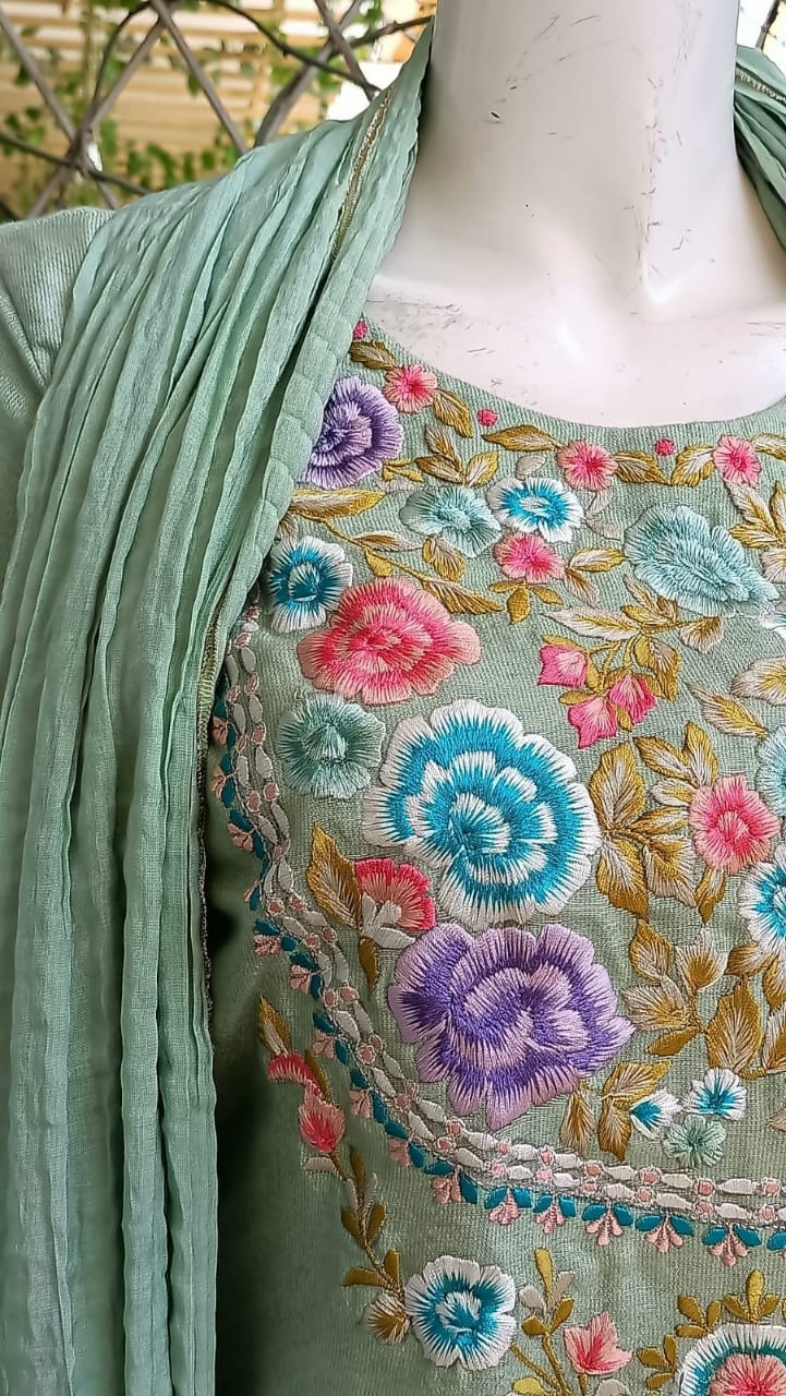 Sage Green Cotton Salwar Kameez with Floral Embroidery | 3-Piece | Machine Embroidered Neckline & Sleeves | Crush Cott
