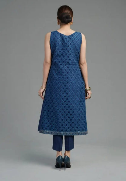 Luxurious Prussian Blue Embroidered Organza 2-Piece Suite