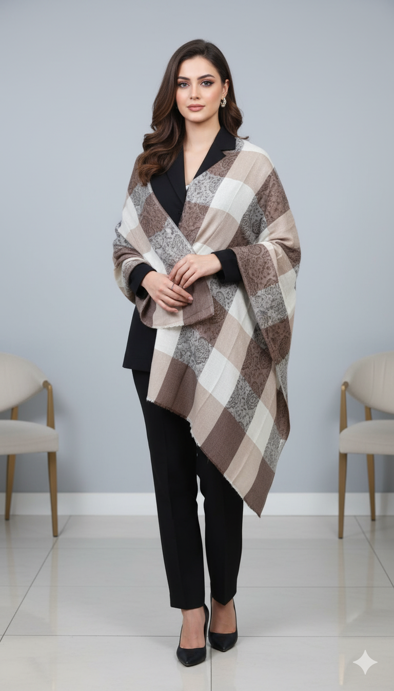 Elegant Checkered Pashmina Shawl – Neutral Tones