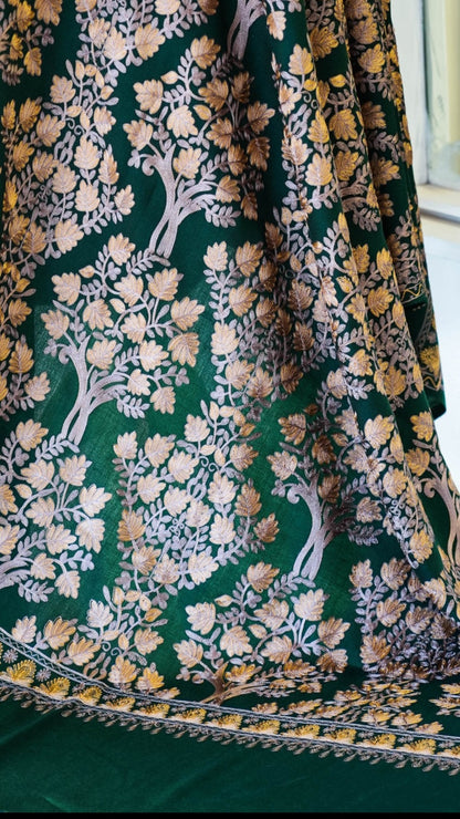 Elegant Tree Motif Embroidered Pashmina Shawl Deep Emerald Green