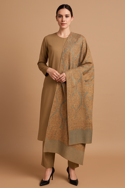 Elegant Beige & Peach Pashmina Aari Embroidered Shawl