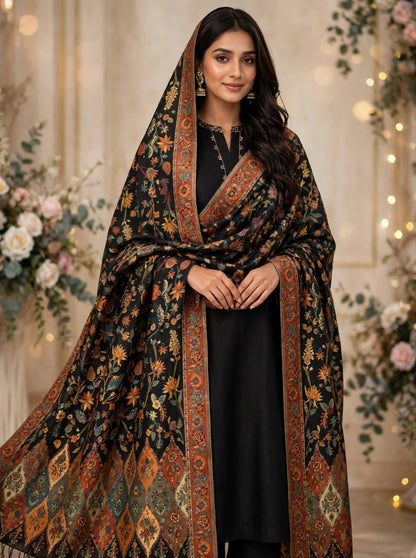 Heirloom Black Floral Kani Silk Dupatta - Pure Handwoven Kashmiri Luxury